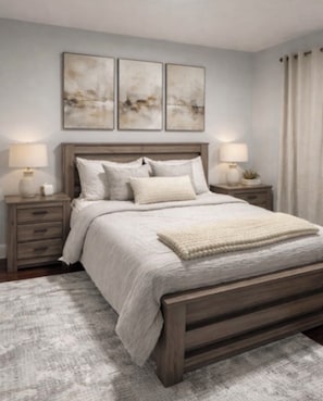 A bedroom with a wooden bed, two bedside tables with lamps, a gray rug, and three abstract wall art pieces. -     Stylish 3BR Retreat Minutes from NYC & World Cup Events (City of Orange)