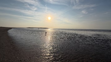Una playa con mar tranquilo, cielo despejado y el sol poniéndose o saliendo.