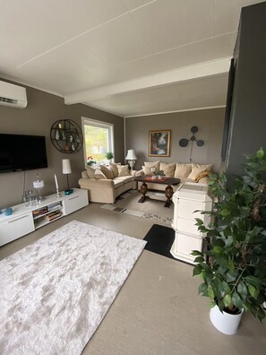 Ein Wohnzimmer mit einer Couch, Fernseher, einer weißen Konsole und einer Zimmerpflanze.