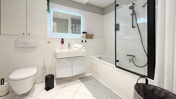 Shower, hair dryer, towels