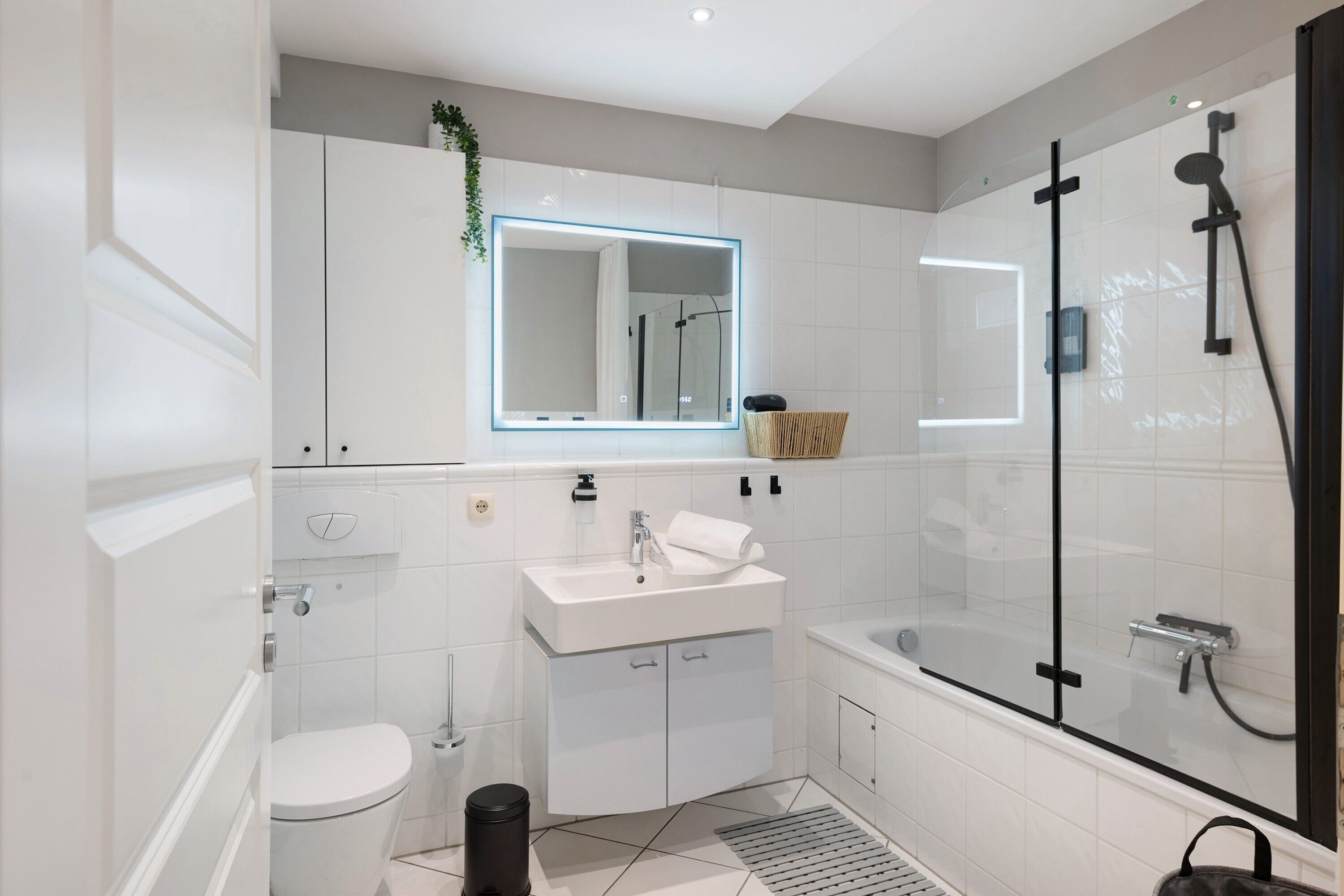 Shower, hair dryer, towels