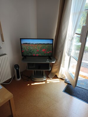 Ein Fernseher auf einem Standfuß, ein Heizkörper, ein Standventilator und eine Tür zu einem Außenbereich.