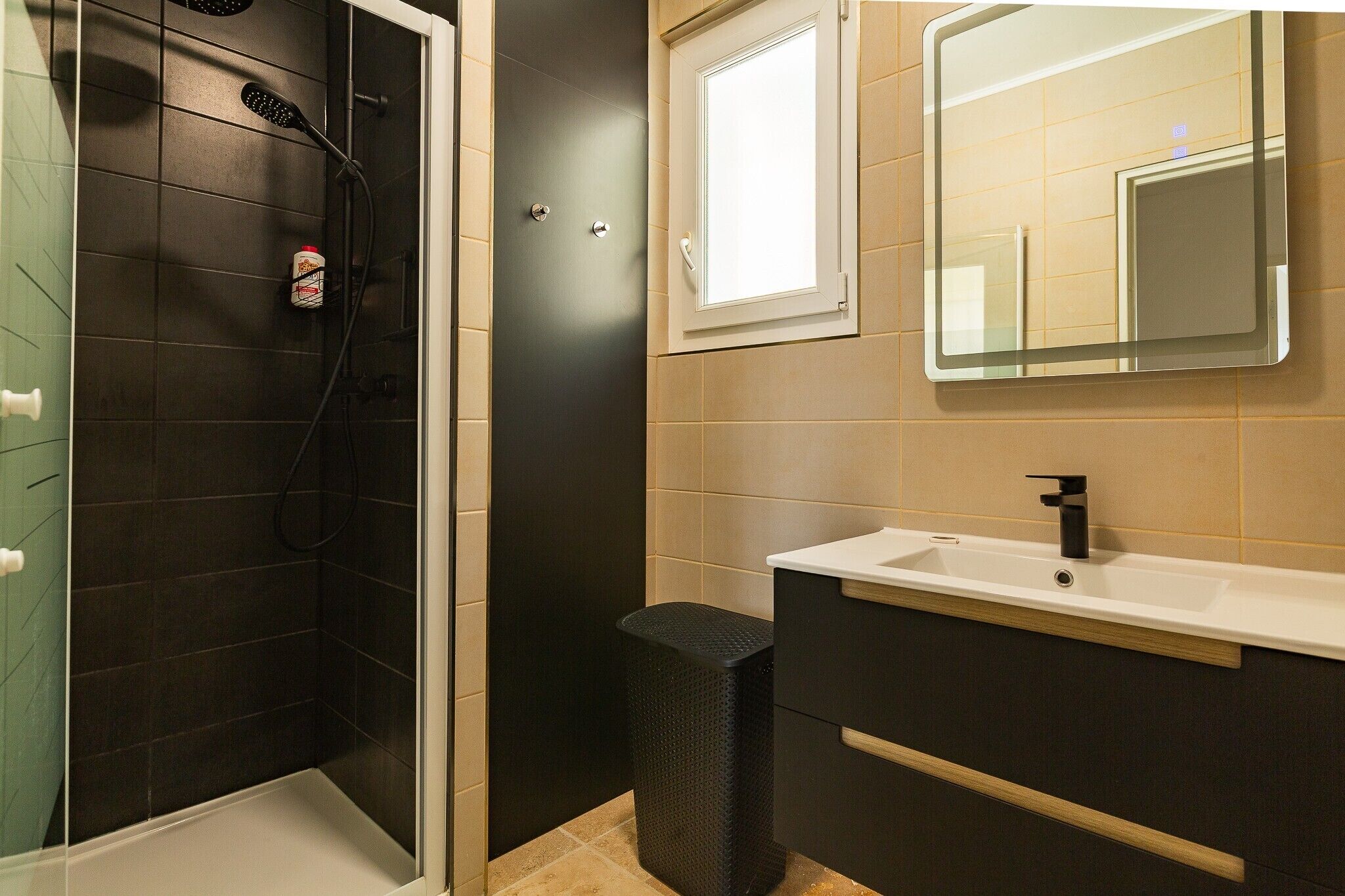 Shower, hair dryer, towels