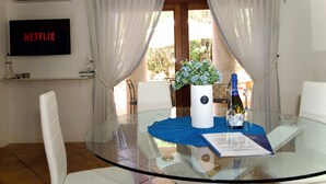A glass table with a blue placemat, a potted plant, a bottle, and a glass, with a TV displaying 'NETFLIX' in the background. - Porto Rotondo Center - free parking (Porto Rotondo)