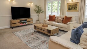 Ein Wohnzimmer mit Fernseher, Sofa, Couchtisch und einer Pflanze.