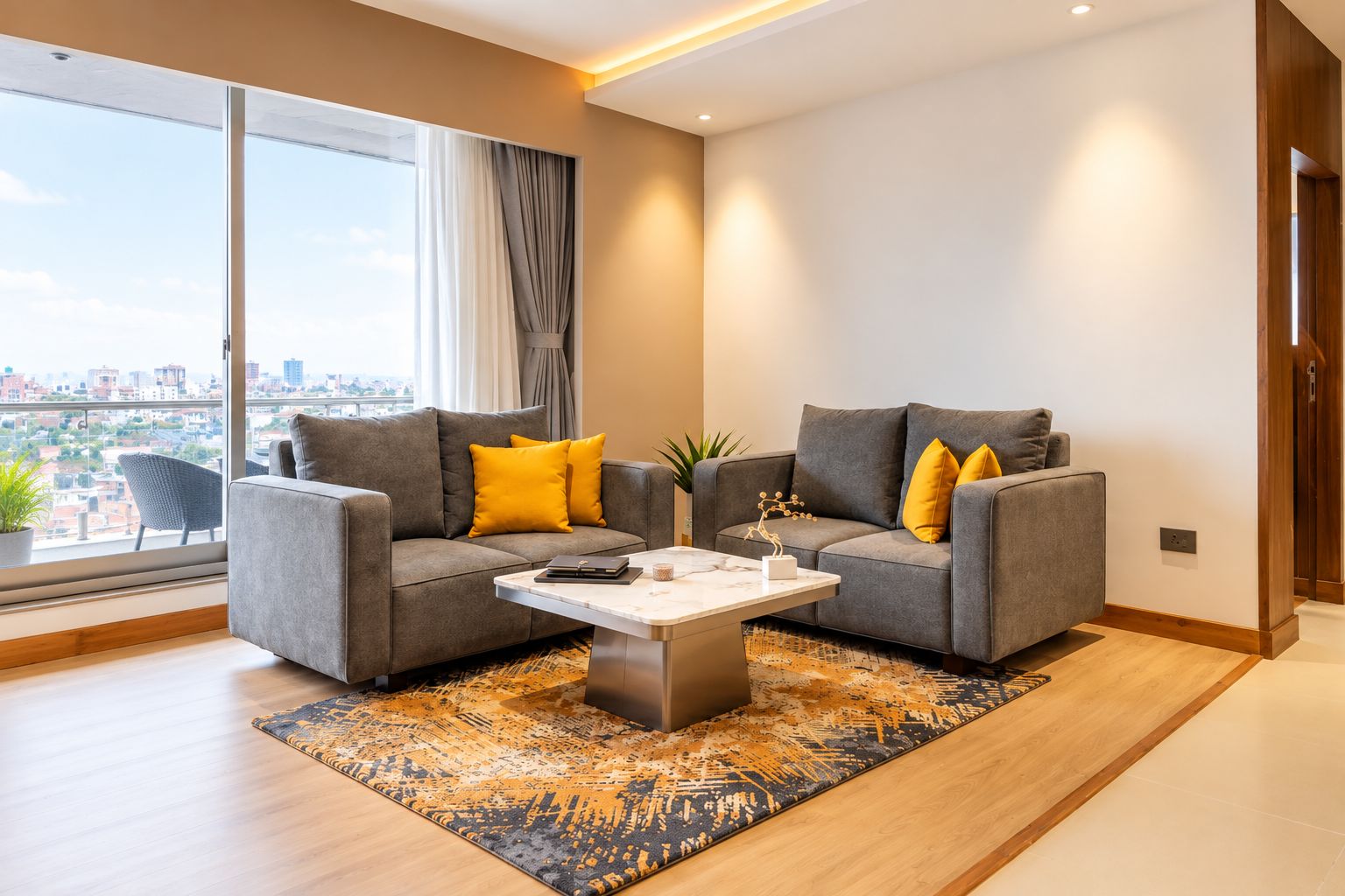 A modern living room with two grey sofas, yellow cushions, a white coffee table, and a patterned rug.