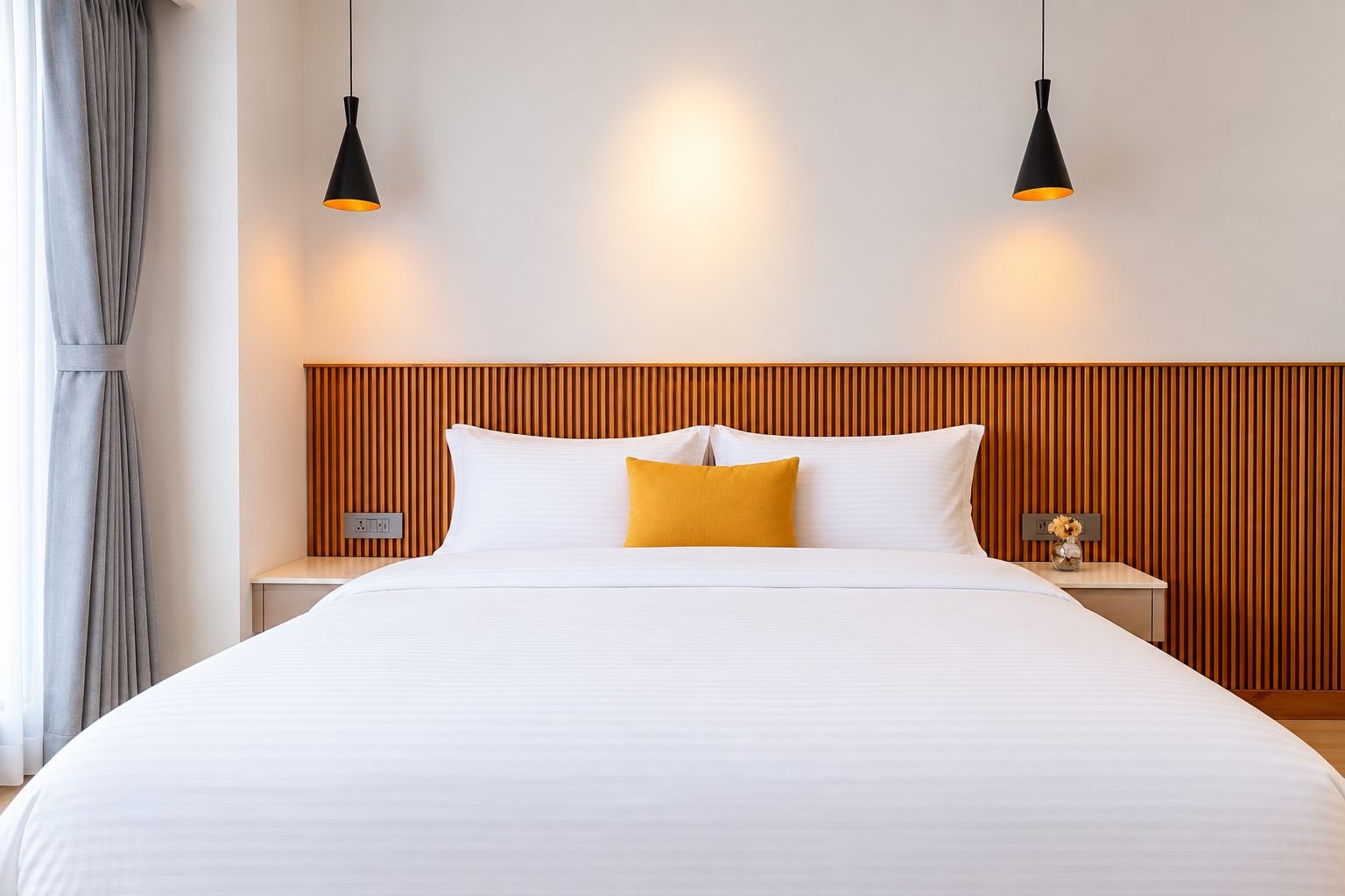 A hotel room with a large bed, two bedside tables, a wooden headboard, and two pendant lights.
