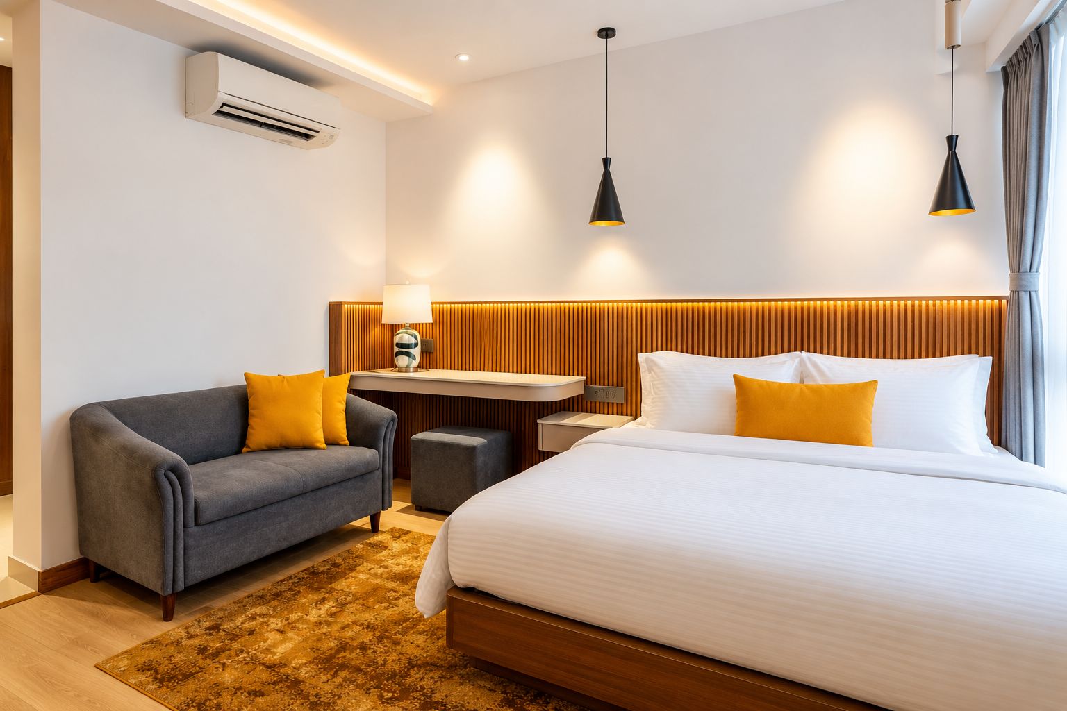 Quarto de hotel moderno com cama, sofá, escrivaninha e abajur.