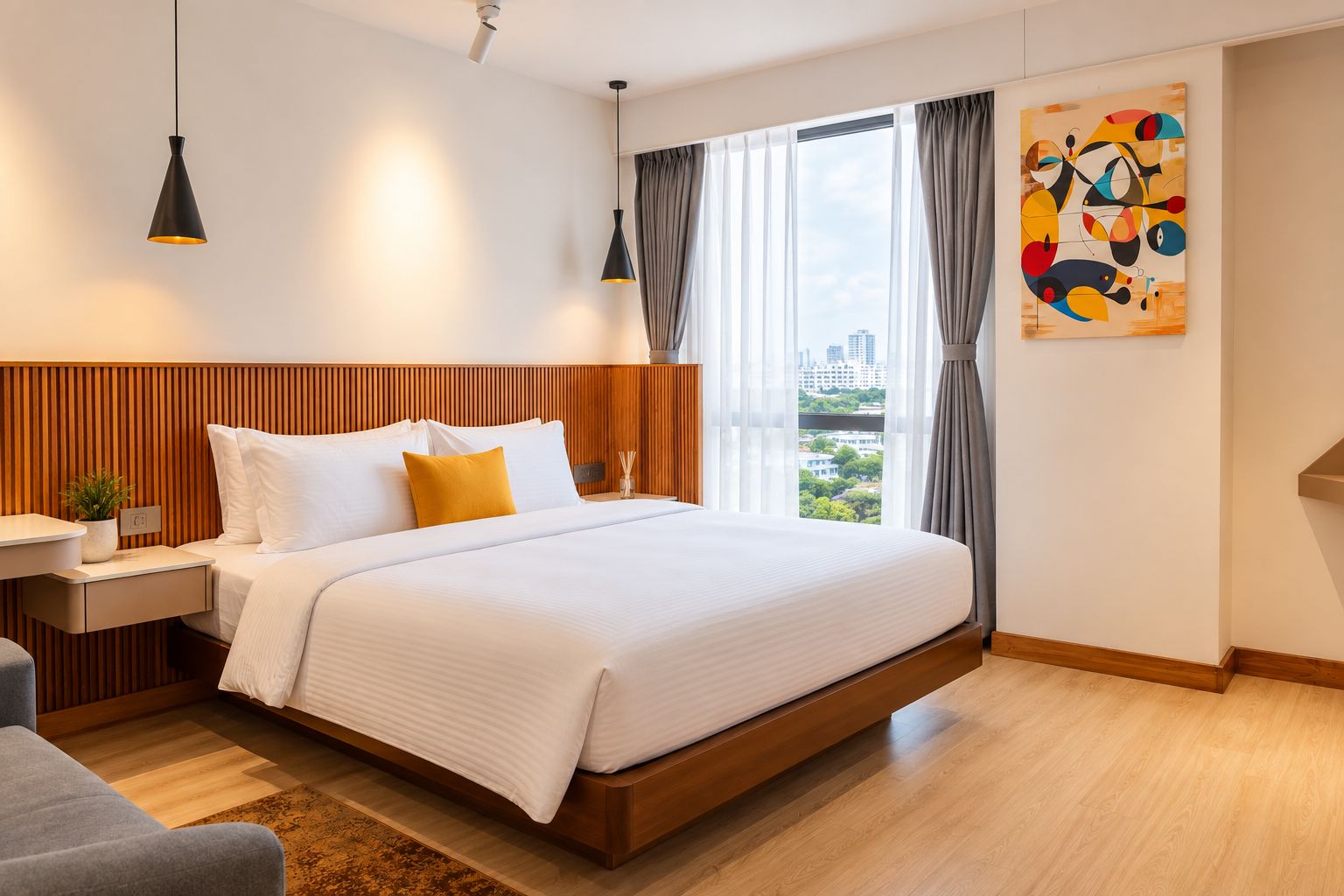 A modern hotel room with a large bed, wooden headboard, bedside tables, a desk, and a city view through the window.