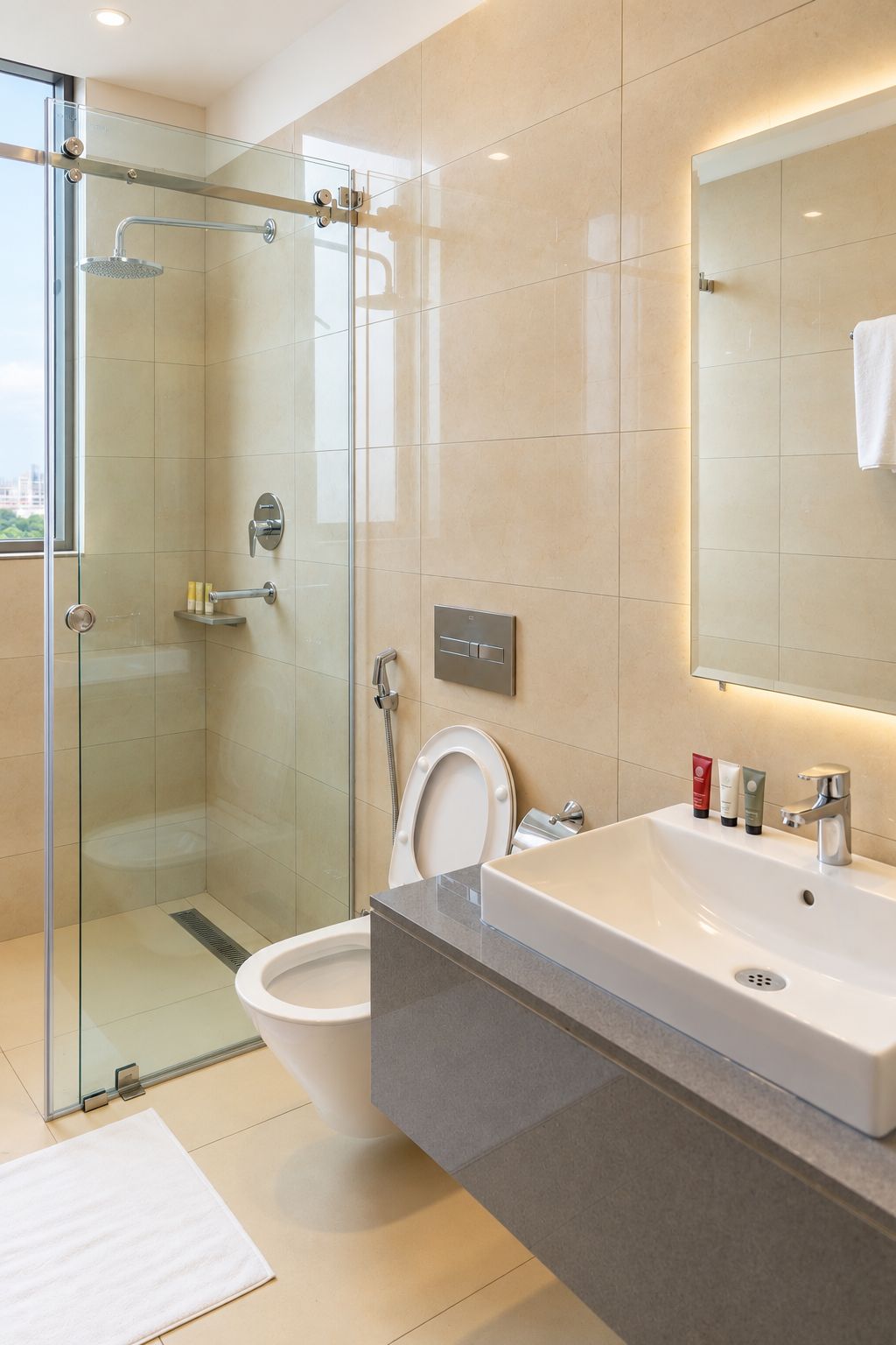 Un baño moderno con ducha envuelta en vidrio, un lavamanos grande y un espejo.