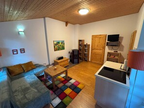 A compact living space with a sofa, a coffee table, a TV, and a kitchenette. - Hidden in the forest - cozy vacation home for quiet days in nature (Wittingen)