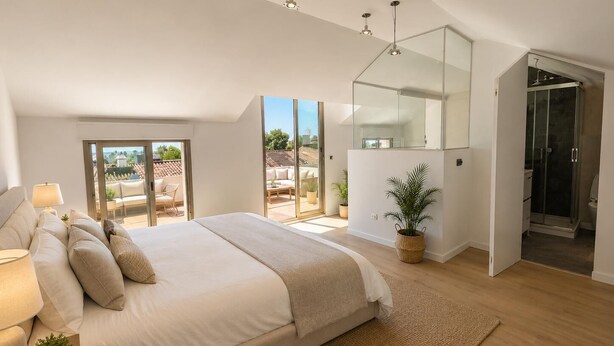Une chambre avec un grand lit, une porte-fenêtre coulissante donnant sur un balcon, un dressing et une douche.