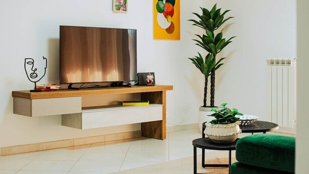Una sala moderna con televisor de pantalla plana sobre un mueble de madera, una planta en maceta y un sofá verde.