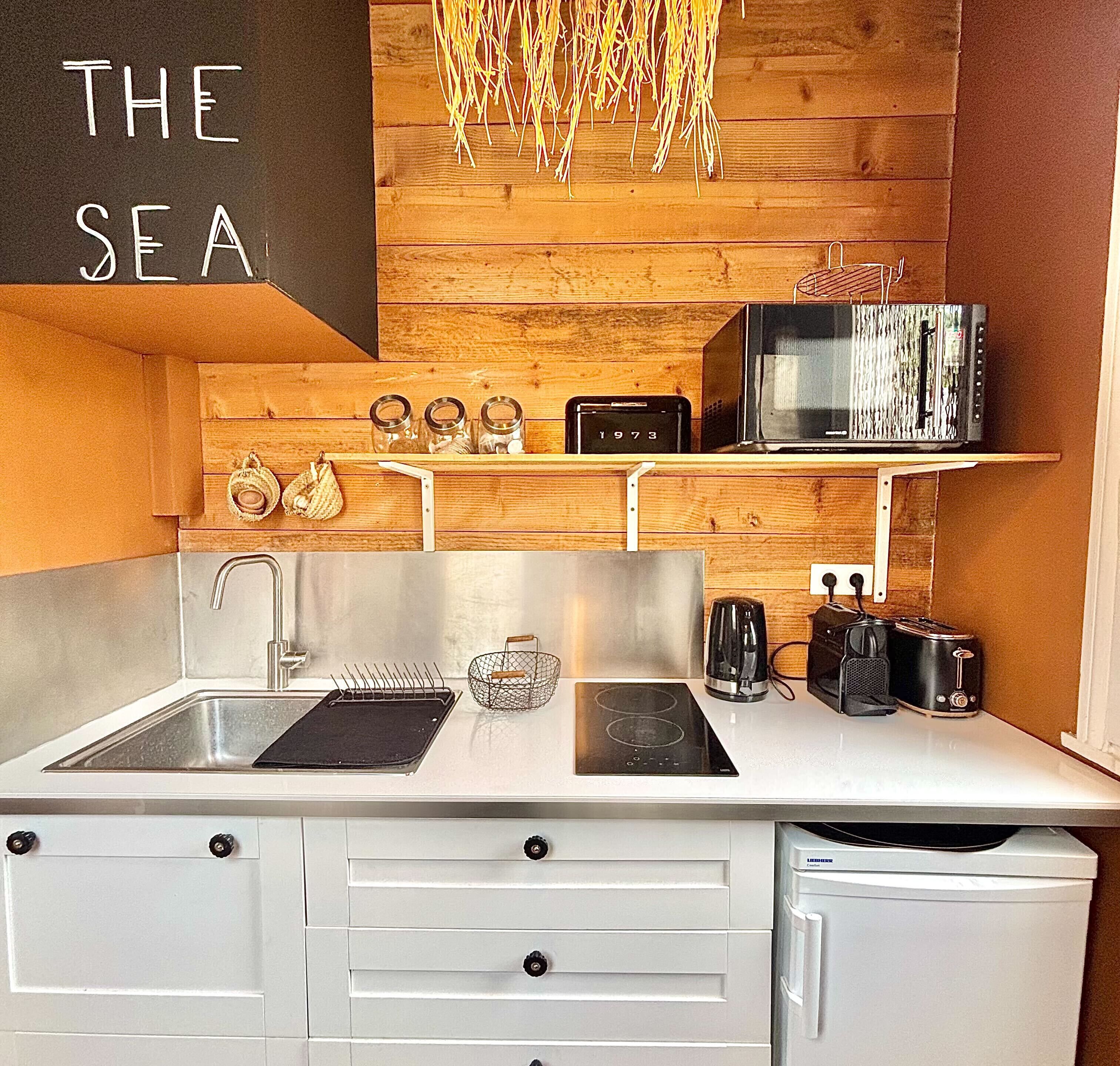 A compact kitchen with a wooden wall, a sink, a stove, a toaster, and a microwave.