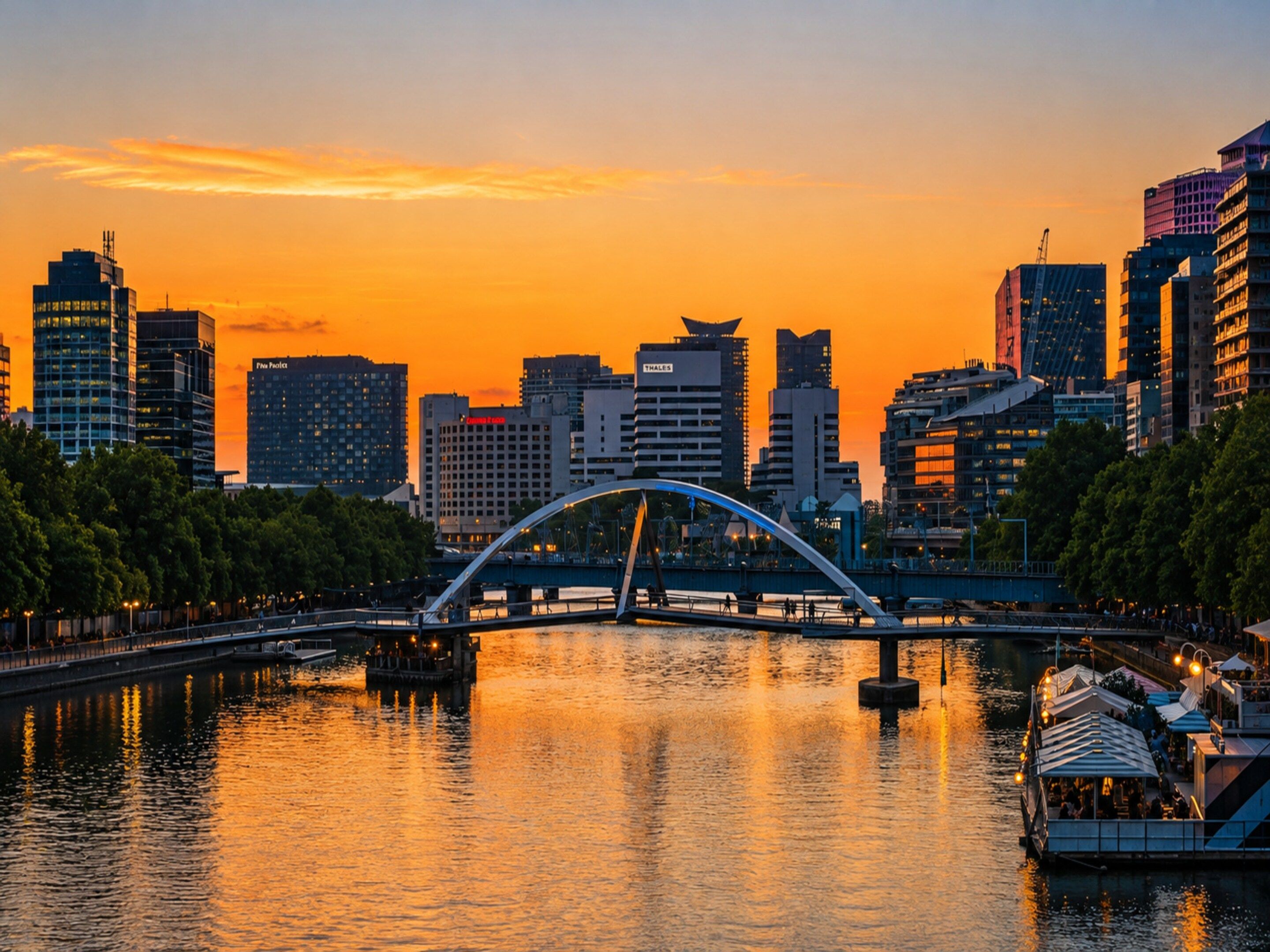 A cityscape with a prominent bridge over a river, reflecting the sunset.