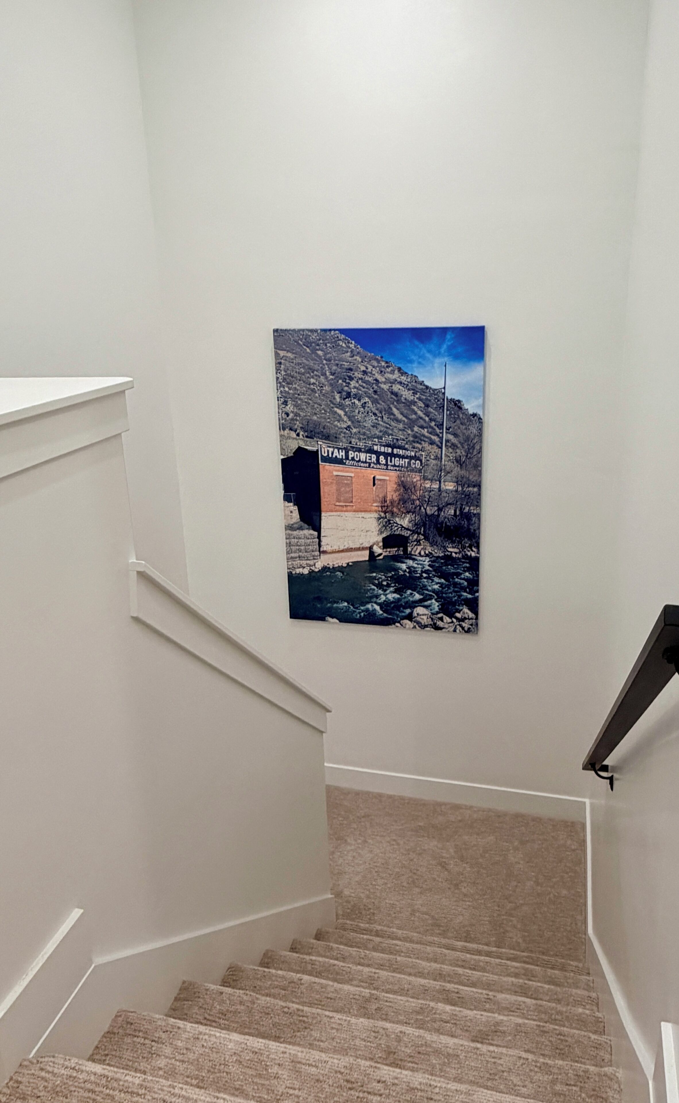 A staircase with carpeted steps leading to a landing where a framed picture is hung on the wall.