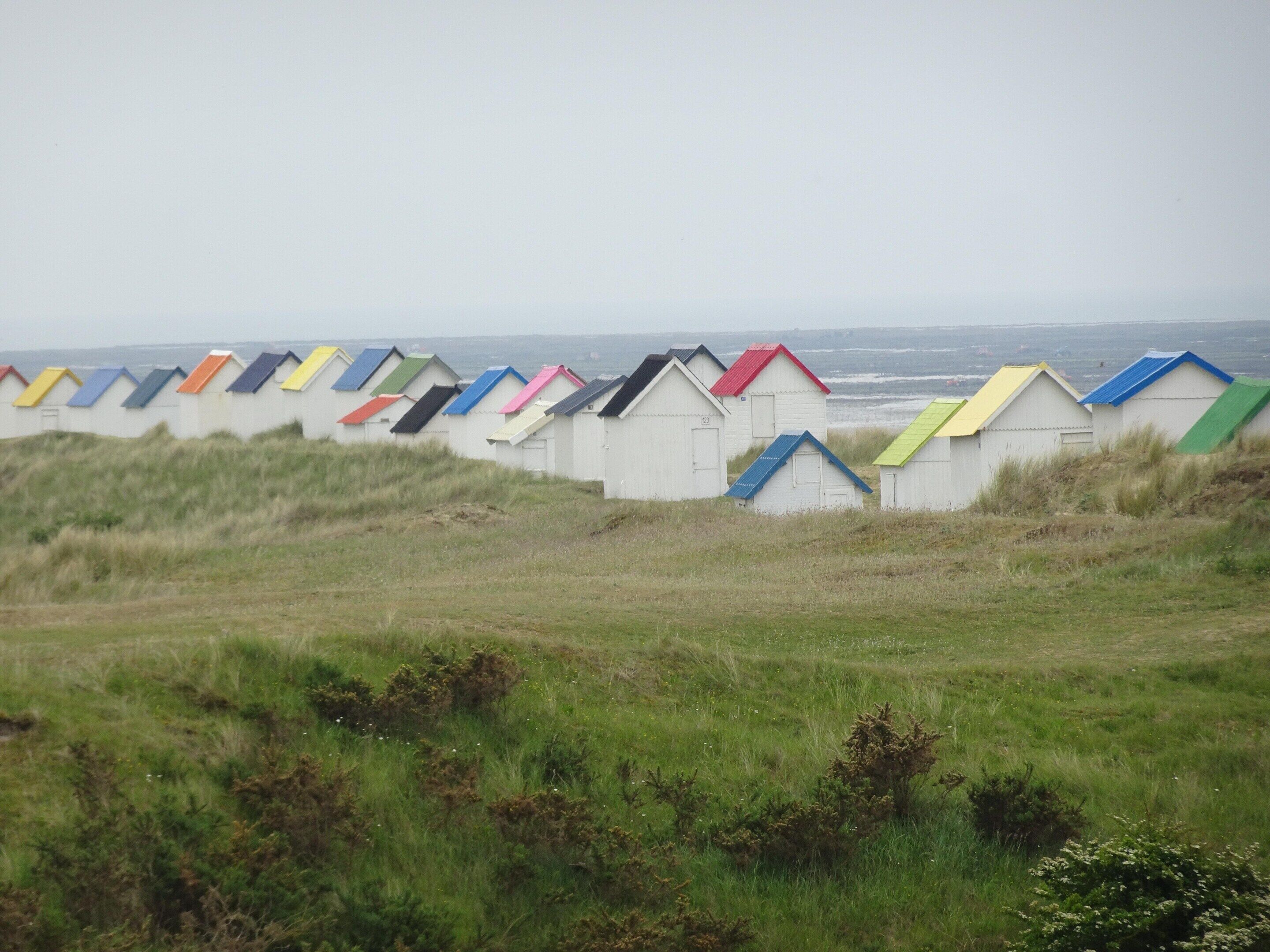 Filera de cabanes de bany de colors, amb un primer pla herbaci i el mar al fons.