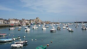 Un puerto con numerosas embarcaciones amarradas, un pueblo costero con edificios y un cielo despejado.