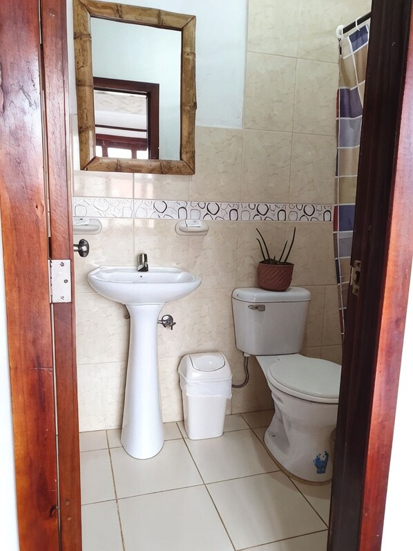 A bathroom with a white sink, toilet, and trash bin.