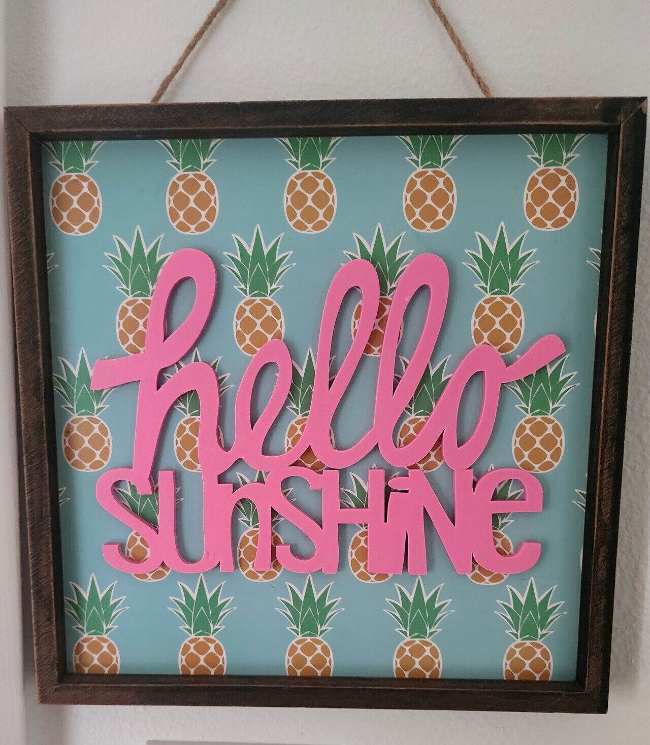 Un panneau encadré orné d’un motif ananas et portant l’inscription « hello sunshine » en lettres roses.