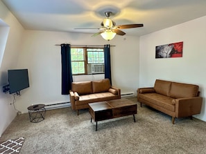 A living room with a ceiling fan, two sofas, a coffee table, a TV, and a window with curtains. - Serene Mountain & Farm Retreat with Deer Views in Apalachin 2 bedrooms apt (Apalachin)