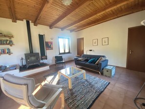 Un salon spacieux avec un canapé, un fauteuil et une cheminée.