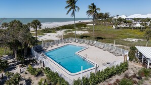 Ein rechteckiger Pool mit weißer Liegefläche und weißem Umzäunung, vor einer Strand- und Palmenkulisse.