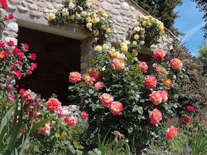 A stone building with a garden full of roses. - Apartment 'La Roseraie Des Côtes' with Private Pool, Private Garden and Wi-Fi (Vinsobres)