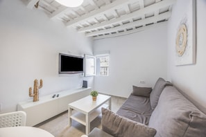 Een moderne woonkamer met een flatscreen televisie, een witte bank, een klein tafeltje met een plant en een cactus decoratie.
