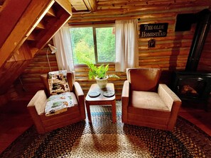 Interior acogedor de una cabaña, con paredes de madera, una chimenea, dos sillones, una mesita con una planta en maceta y una ventana con cortinas.