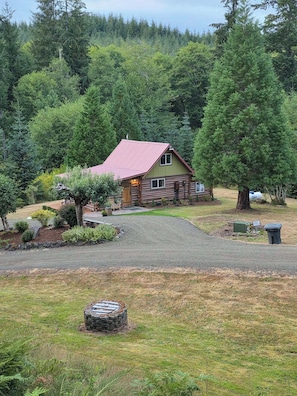 A log cabin with a red roof, surrounded by dense forest.