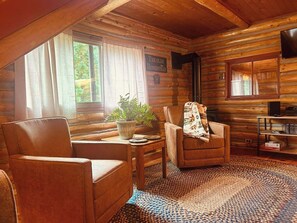 A cozy log cabin interior with a sofa, armchair, potted plant, and a fireplace.