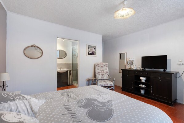 A bedroom with a bed, a dresser, a television, a chair, and a mirror.
