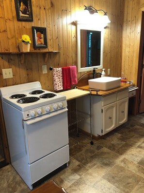 A kitchen with a stove, sink, and wooden walls.