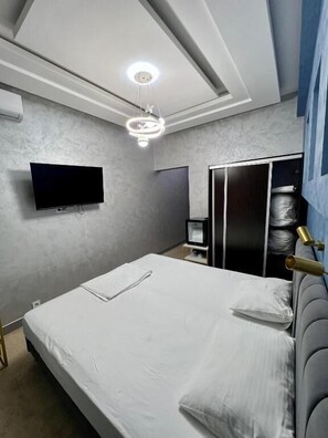 Un dormitorio con cama, televisión, armario y luz de techo.