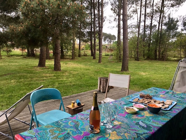 Un área de comedor al aire libre con una mesa preparada para una comida, rodeada de árboles.