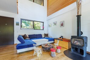 A modern living room with a sofa, a small wooden table, a chair, a fireplace, and a window. - Holiday Home “Villa Pura Vida” with Private Pool, Terrace and Wi-Fi (Lit-et-Mixe)