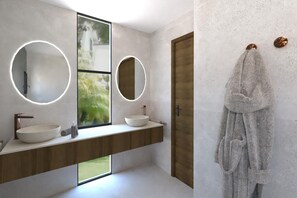 A modern bathroom with two round mirrors, a wooden vanity, a large window, and a towel rack. - Villa Chiara – House with Pool & Garden Near Lake Maggiore (Brissago)