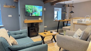Una sala de estar con dos sofás, chimenea, televisión y una zona de cocina.