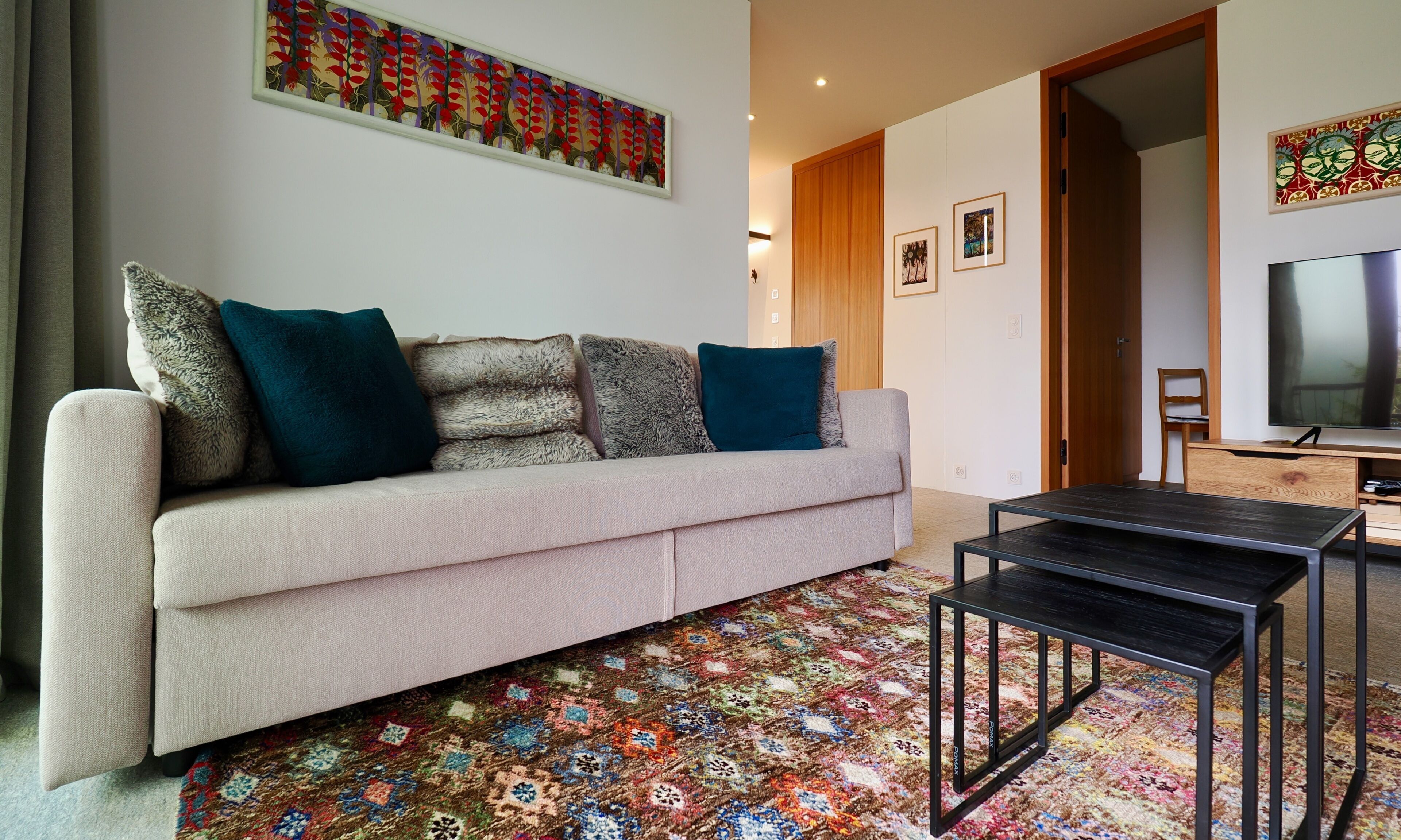 Uma sala de estar com sofá, mesa de centro, televisão e tapete estampado.