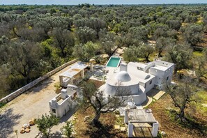 Eine moderne Villa mit Pool, umgeben von Olivenbäumen und einer Steinmauer.