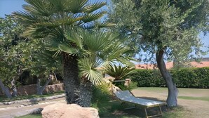 A garden with palm trees, a rock, and a metal bench. - Visit Lu Bagnu – Affordable Holiday Apartment Near Castelsardo (Lu Bagnu)