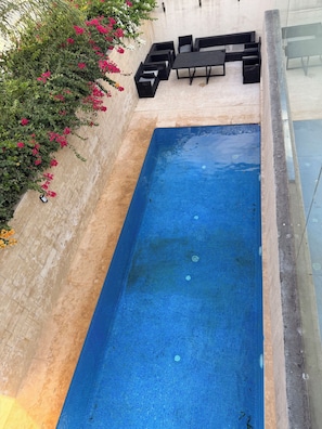 Una piscina al aire libre, sombrillas, sillones reclinables de piscina