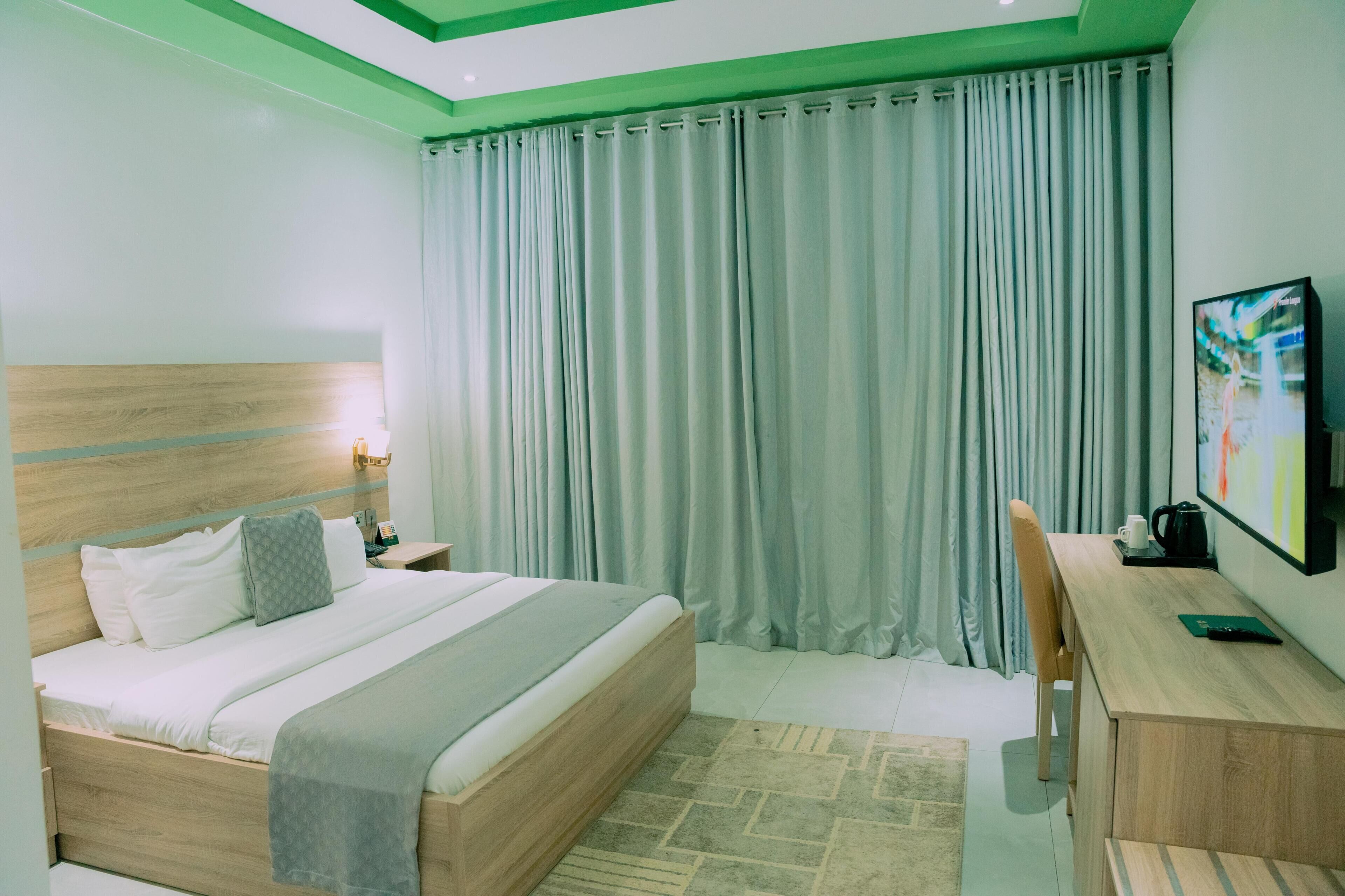 In-room safe, desk, laptop workspace, blackout curtains