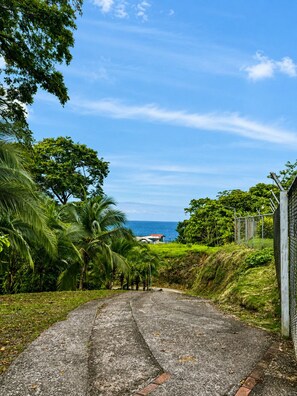 A paved pathway leading to a coastal area with palm trees and a view of the ocean. - ArcaVida # 1 Jungle Container • Near Beach (Limon)