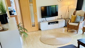 A modern living room with a flat-screen TV, a sofa, a chair, a small table, and a round rug. - Vacation apartment DE VRIESenkoje (Südbrookmerland)