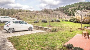 A white car parked in a driveway with a stone wall, a grassy area, and a vineyard in the background. - COUNTRY HOUSE (Greve in chianti)