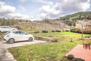 A white car parked in a driveway with a stone wall, a grassy area, and a vineyard in the background. - COUNTRY HOUSE (Greve in chianti)