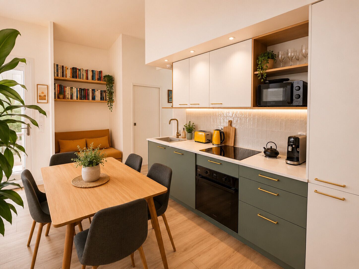 A modern kitchen with a dining area, a bookshelf, and a microwave.