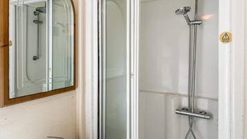 Shower, towels, soap, toilet paper